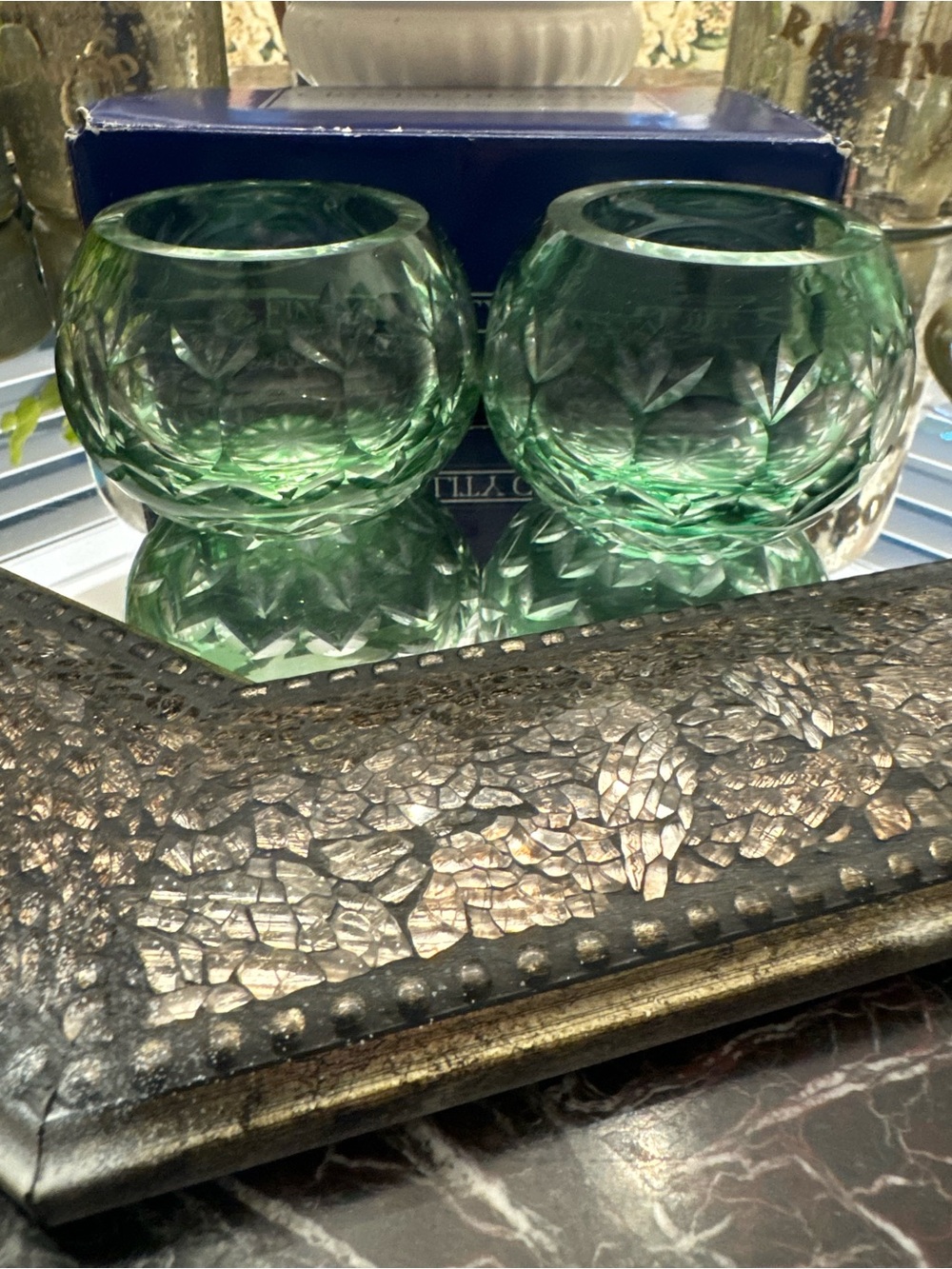 Vintage Godinger Crystal Legends Green Cut to Clear Votive Holders - Pair